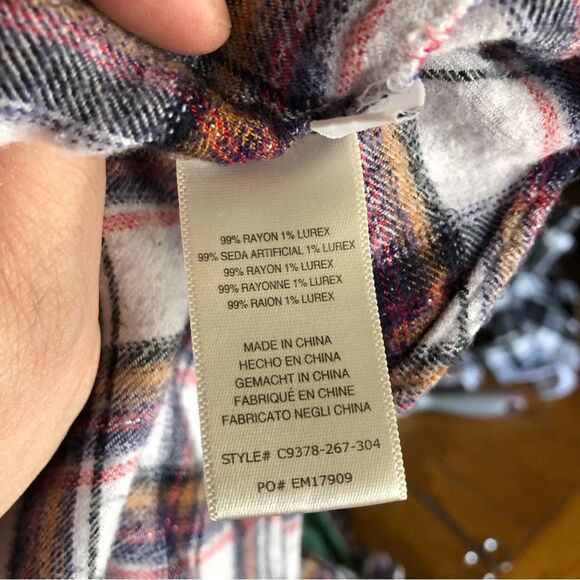 Anthropologie Cloth & Stone Blue Plaid Button Metallic Flannel Top - L - Picture 11 of 11